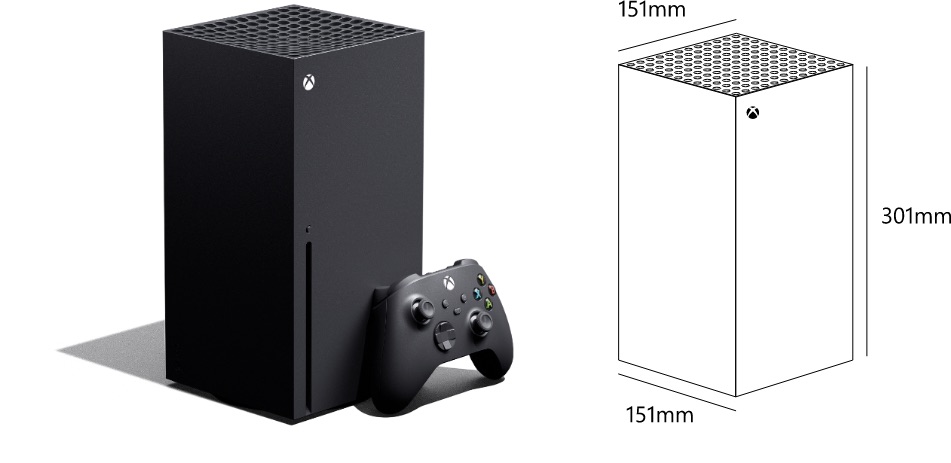 Xbox Series Xの本体サイズ：縦301mm×横151mmｘ奥行き151mm